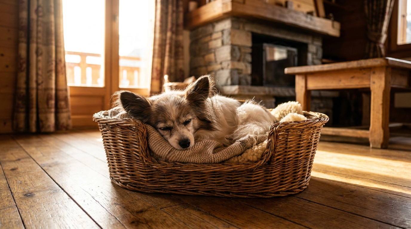 Un très vieux chien de race Épagneul Papillon, aux poils longs blancs et bruns, se repose paisiblement dans un panier douillet.
