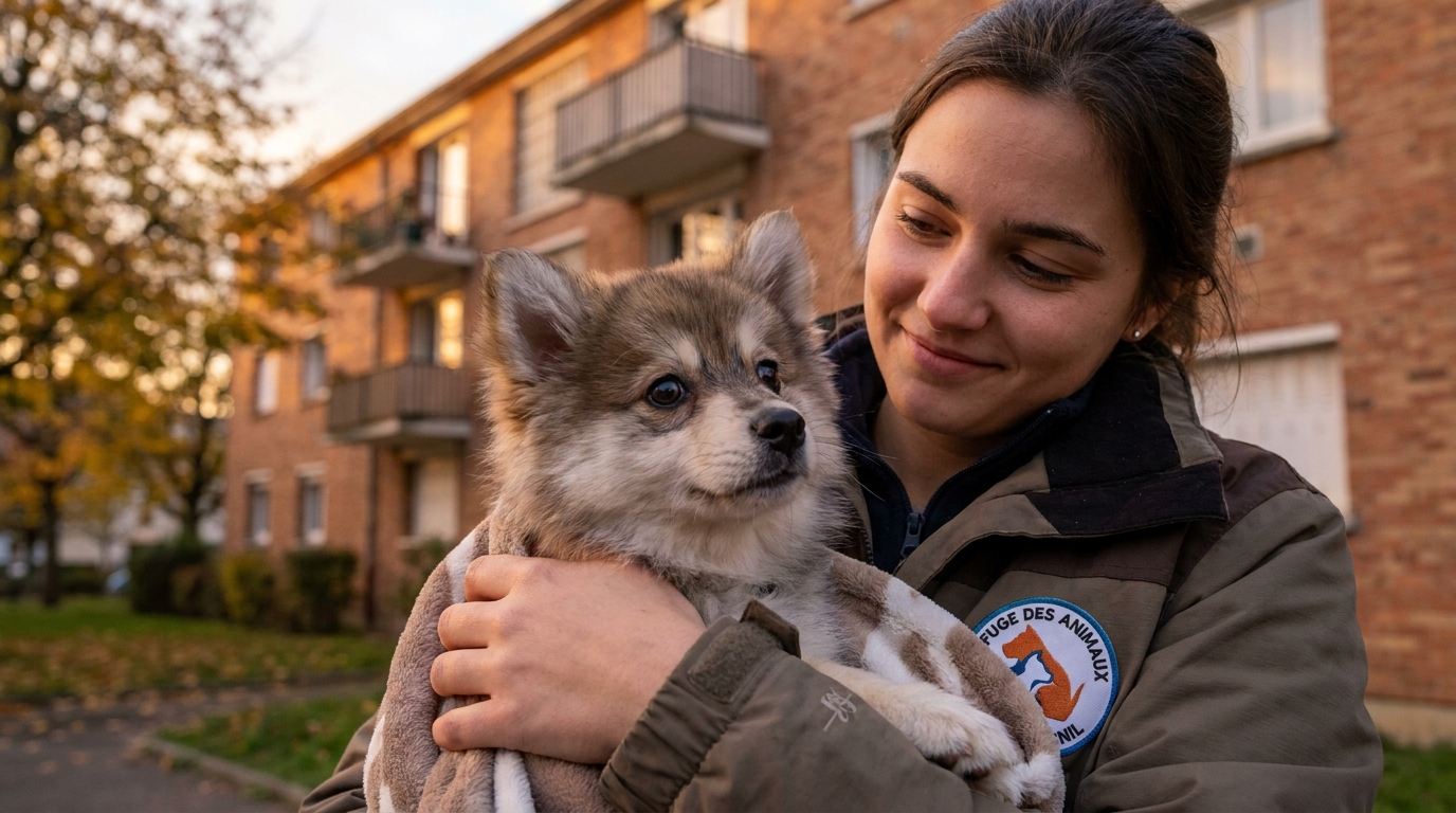 Lipton, un jeune chien de type Pomsky au regard craintif, assis dans un intérieur chaleureux après son sauvetage au Blanc-Mesnil.