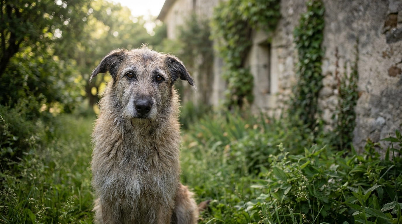 Louki, un chien Berger croisé au regard doux mais triste, assis dans un jardin verdoyant après son sauvetage en Dordogne.