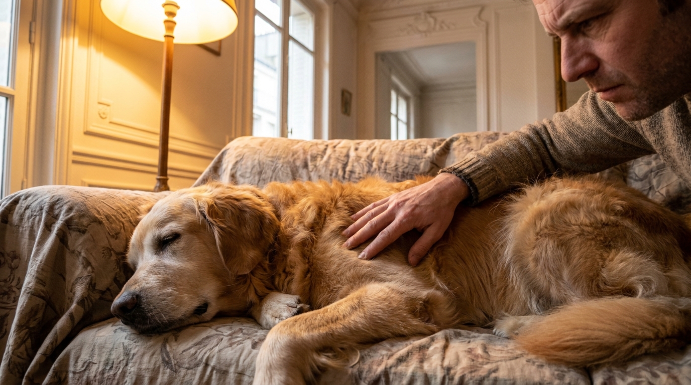 Une main palpe avec soin et attention le flanc d'un chien de race Golden Retriever, cherchant une éventuelle masse sous la peau.