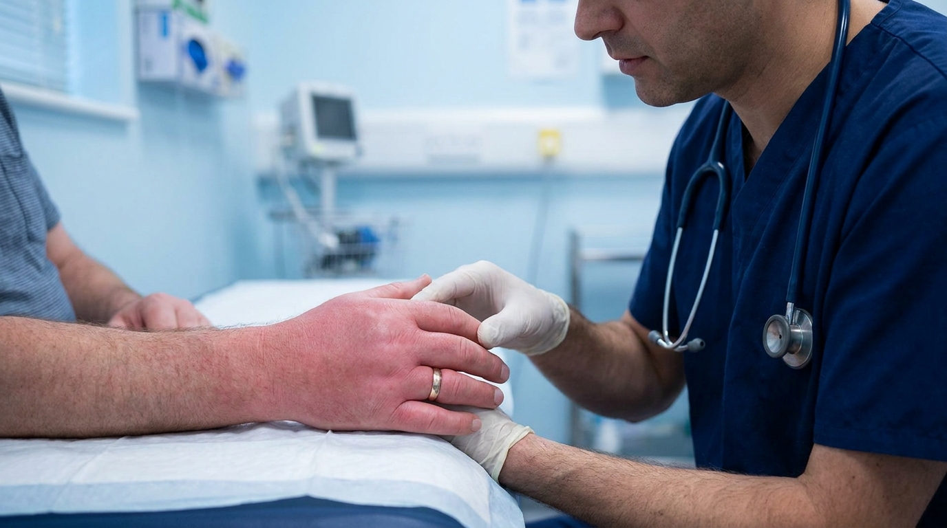 La main très gonflée et rouge d'un homme après une morsure de chat errant, examinée par un médecin à l'hôpital.