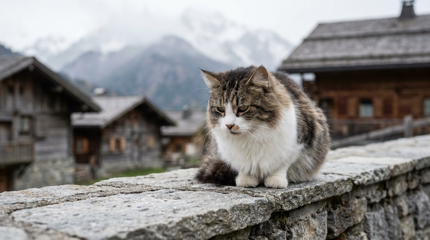 Un majestueux chat Maine Coon assis, regardant au loin avec une expression triste, dans un décor de montagne en Haute-Savoie.