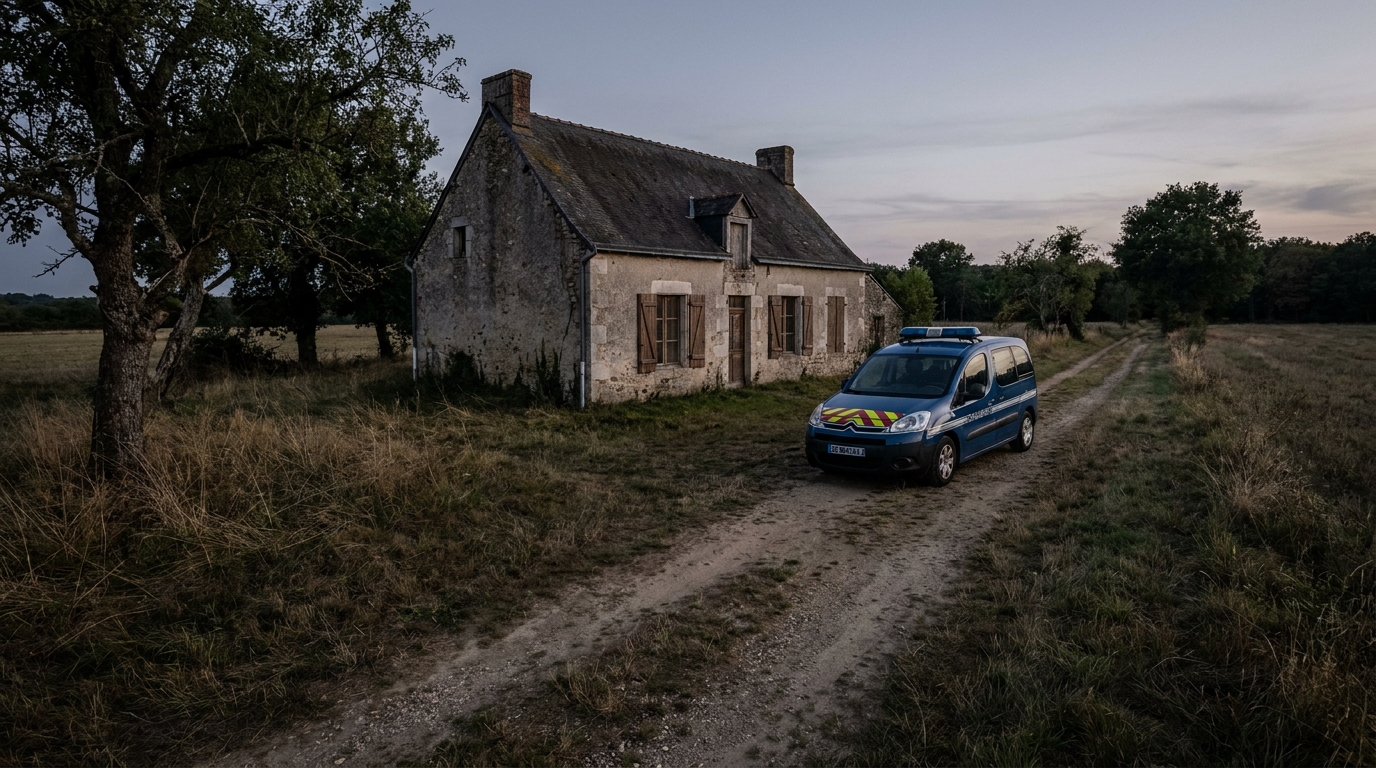 Façade d'une maison rurale en France, volets clos, dans une atmosphère pesante et silencieuse suggérant une tragédie.