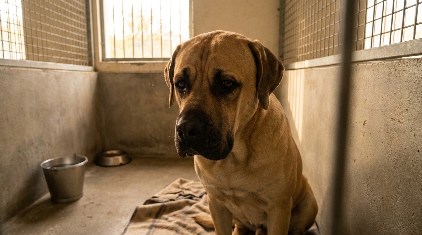 Marcus, un chien croisé dogue au regard triste, attend dans son box à la SPA de Tilloy-lès-Mofflaines.