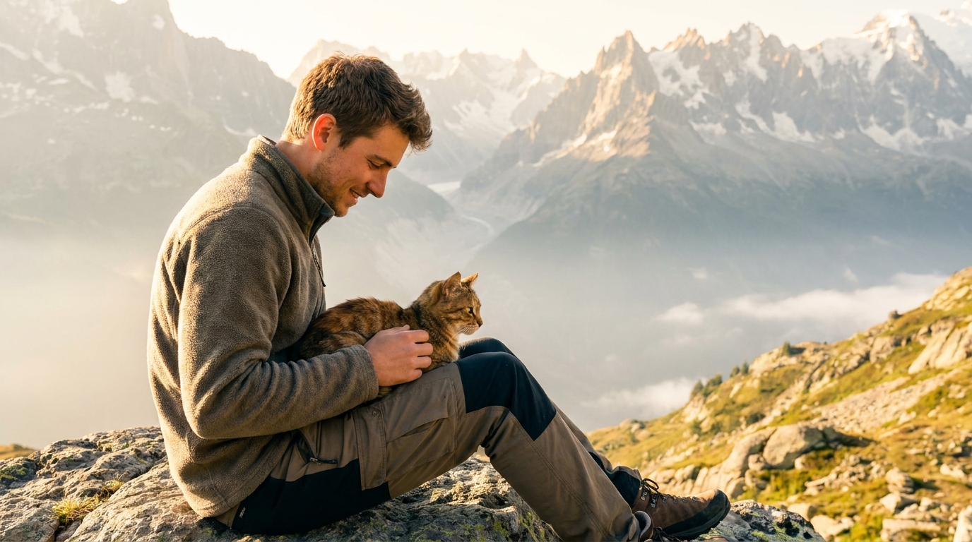 Un jeune homme souriant avec son chat sur ses épaules, devant un paysage de montagne à couper le souffle au lever du soleil.