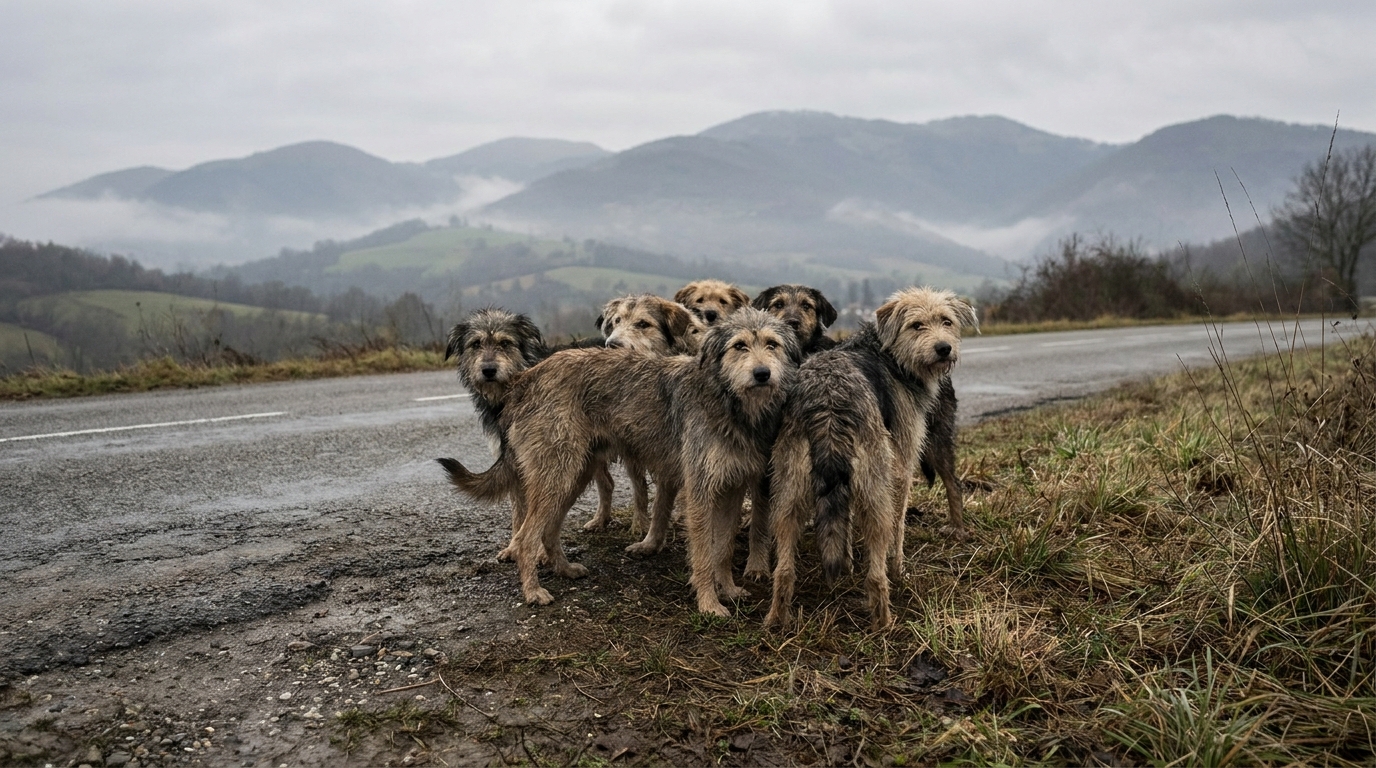 Une meute de plusieurs chiens d'apparences diverses dans un sous-bois brumeux en Ariège, évoquant le mystère de leur disparition.