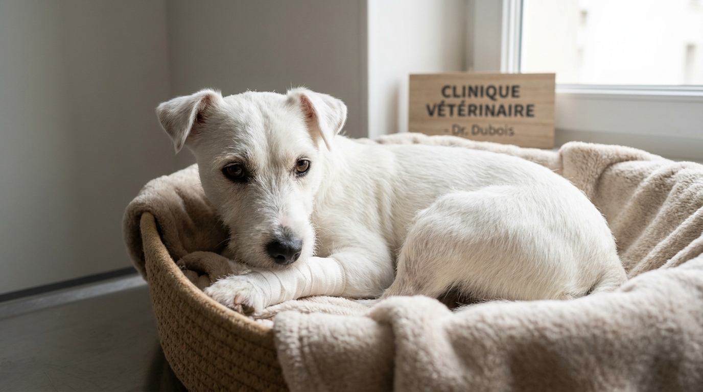 Un petit chien de type fox-terrier, au regard triste mais plein d'espoir, se repose dans un panier douillet après son sauvetage.