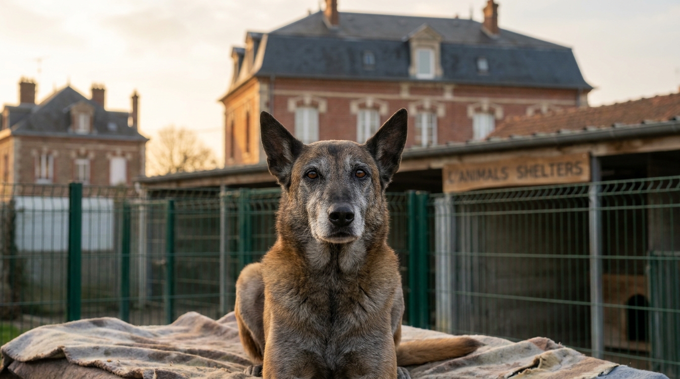 Un berger malinois au regard sage et loyal, portant les marques d'une vie de service, attend dans un refuge français.