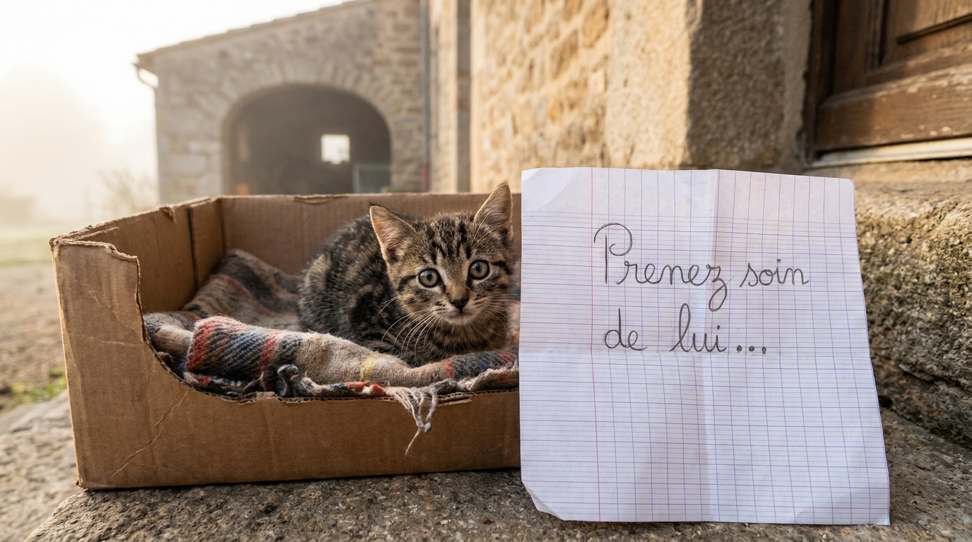 Un mot manuscrit par un enfant, posé délicatement sur une couverture à côté d'un jeune chat tigré dans une boîte en carton ouverte.