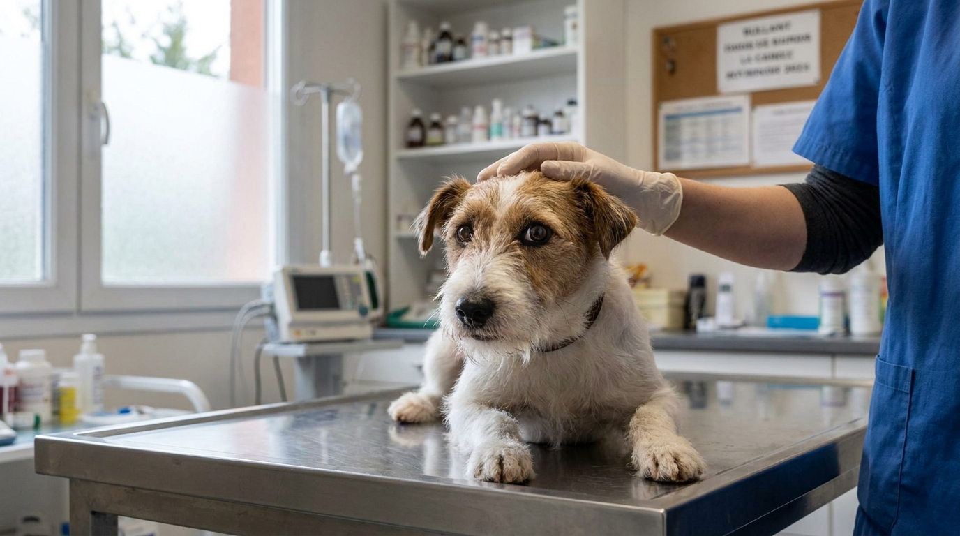 Un petit Fox Terrier blanc et marron, à l'air craintif, est couché sur une table de vétérinaire. Une main humaine le caresse doucement.