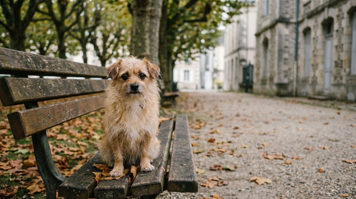 Un petit chien de type pinscher croisé chihuahua assis sur un banc dans un parc, regardant la caméra avec une expression douce et triste.