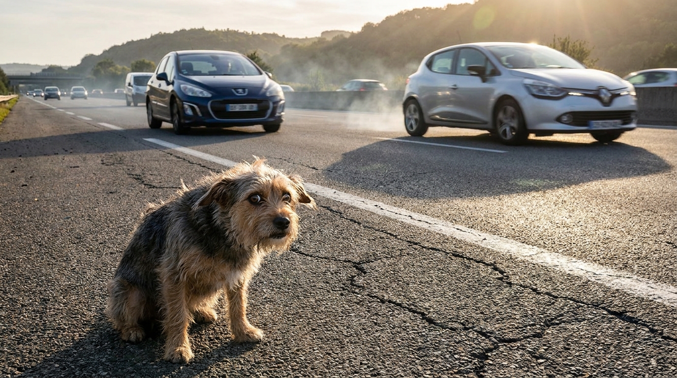 Une petite chienne de type croisé, terrifiée, se trouve sur le bitume d'une autoroute française, avec des voitures floues en arrière-plan.