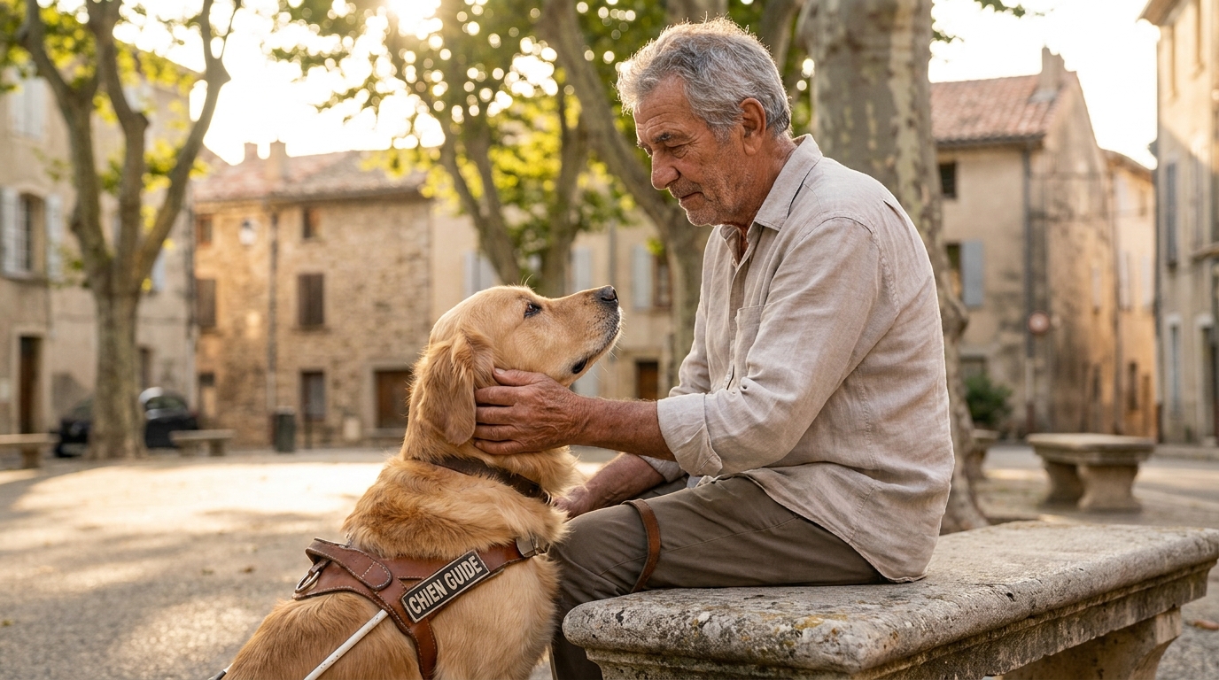 Un homme de 67 ans, non-voyant, sourit tendrement en caressant sa chienne guide golden sable, assise sagement à ses côtés sur un banc.