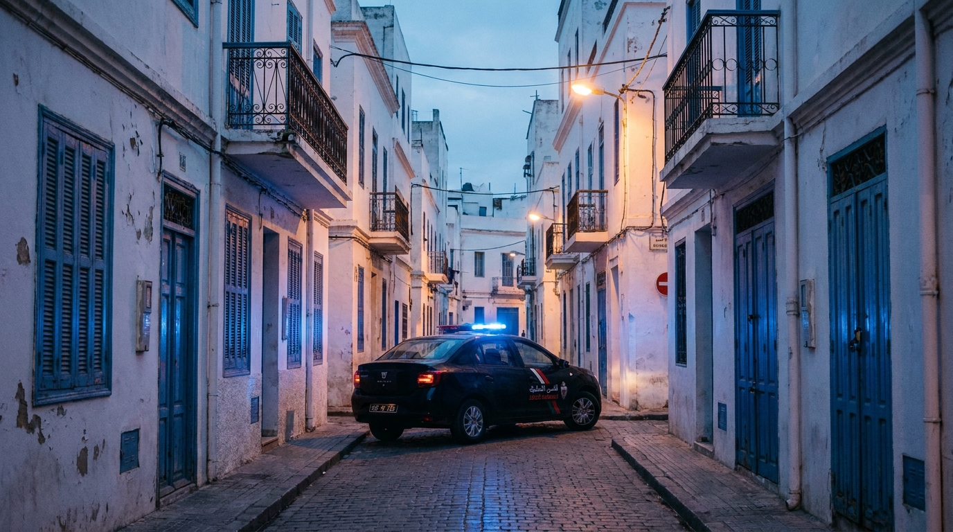 Une voiture de police stationnée dans une rue typique du Maroc, symbolisant l'arrestation d'un homme pour un acte de cruauté envers un chien.