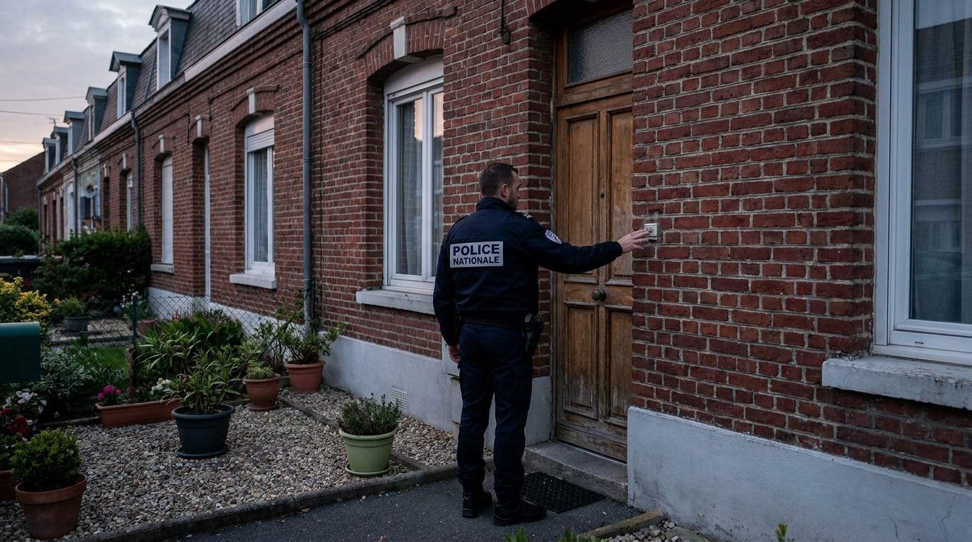 Un policier de la Police Nationale française, vu de dos, sonne à la porte d'une maison de ville typique en France, pour une intervention de voisinage.
