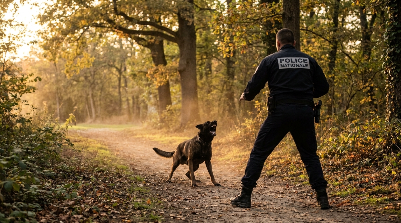 Un policier français en uniforme fait face à un chien de race Malinois qui semble menaçant dans un parc boisé de Saint-Quentin.