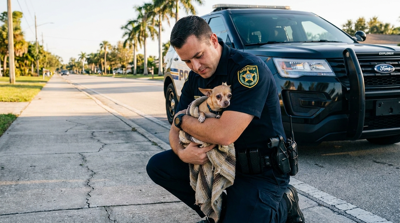 Un policier américain agenouillé sur le bord de la route réconforte un petit Chihuahua maigre qu'il vient de sauver d'une voiture.