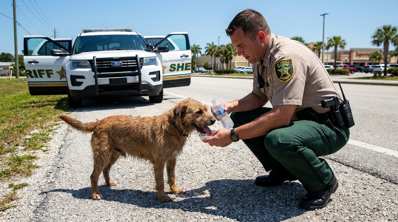 Un policier américain agenouillé sur le bord d'une route en Floride, tendant une bouteille d'eau à un chien haletant après son sauvetage.