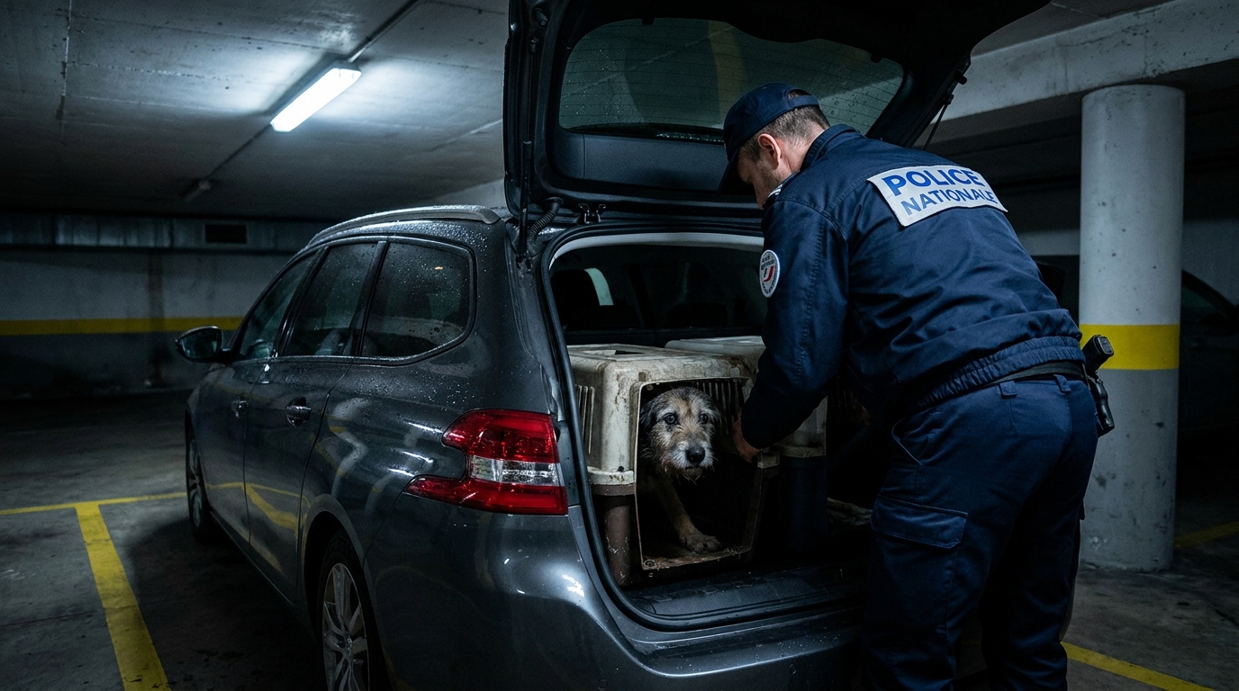 Un policier de la Police Nationale française regarde avec inquiétude dans un coffre de voiture ouvert dans un parking souterrain.