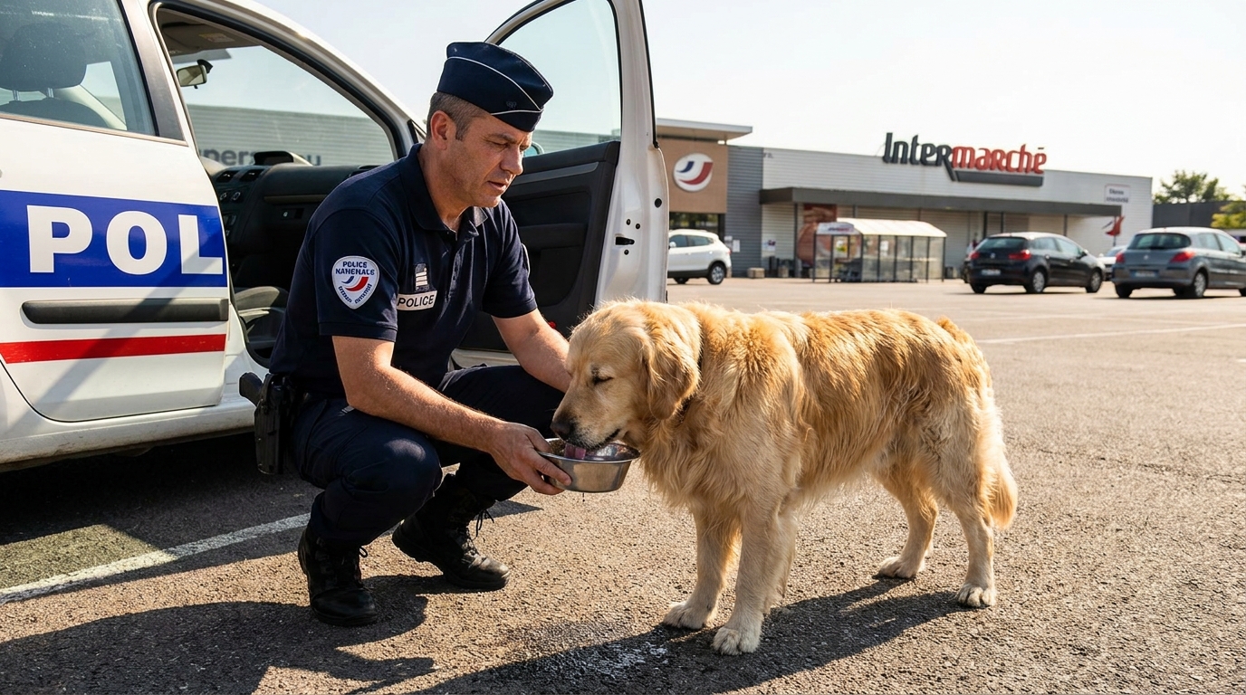 Un policier français donne de l'eau à un chien haletant à côté d'une voiture sur un parking ensoleillé, illustrant le sauvetage d'un animal.
