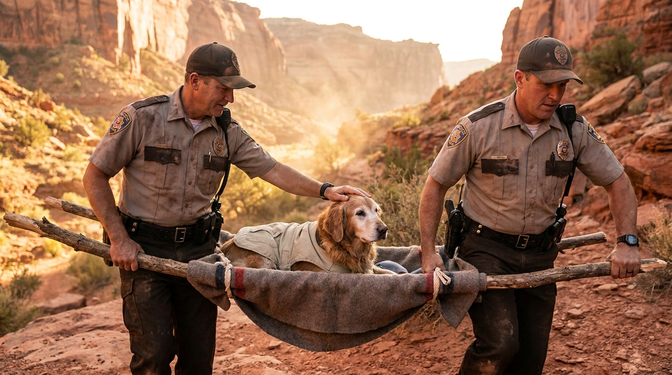 Deux policiers en uniforme transportent un chien sénior sur un brancard improvisé sur un sentier de randonnée dans un canyon.