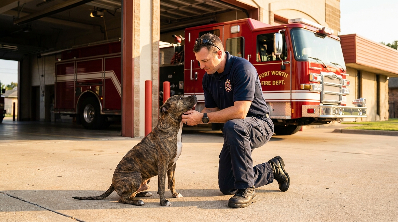 Un pompier américain en uniforme sourit en caressant un chien de type pitbull assis sagement devant le camion rouge d'une caserne de pompiers.
