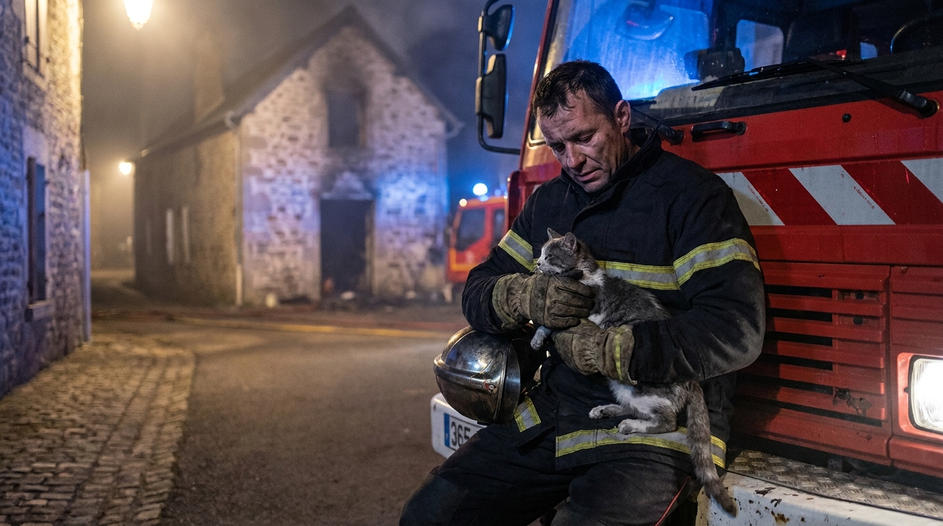 Un sapeur-pompier français en uniforme tient délicatement dans ses bras un chat gris, le regard de l'animal est encore sous le choc.