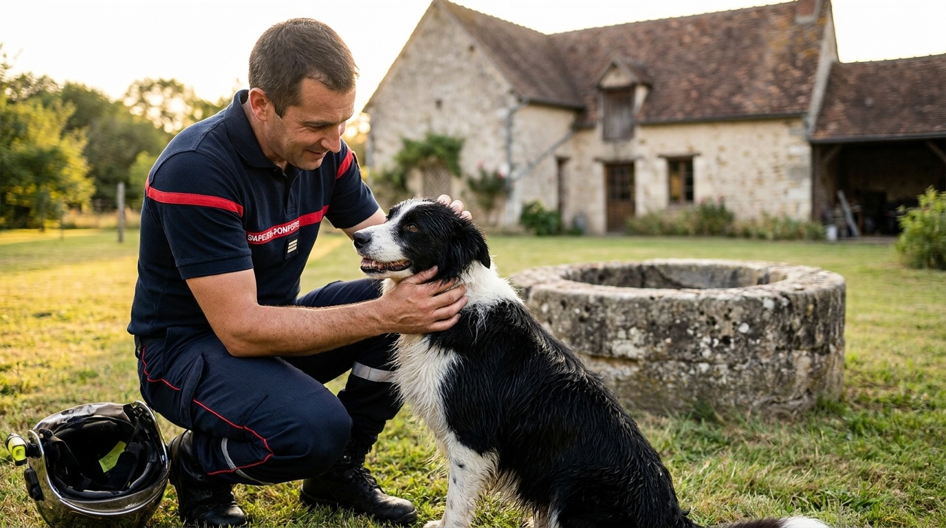Un sapeur-pompier en uniforme français est agenouillé et caresse un chien Border Collie mouillé, l'air soulagé après un sauvetage.