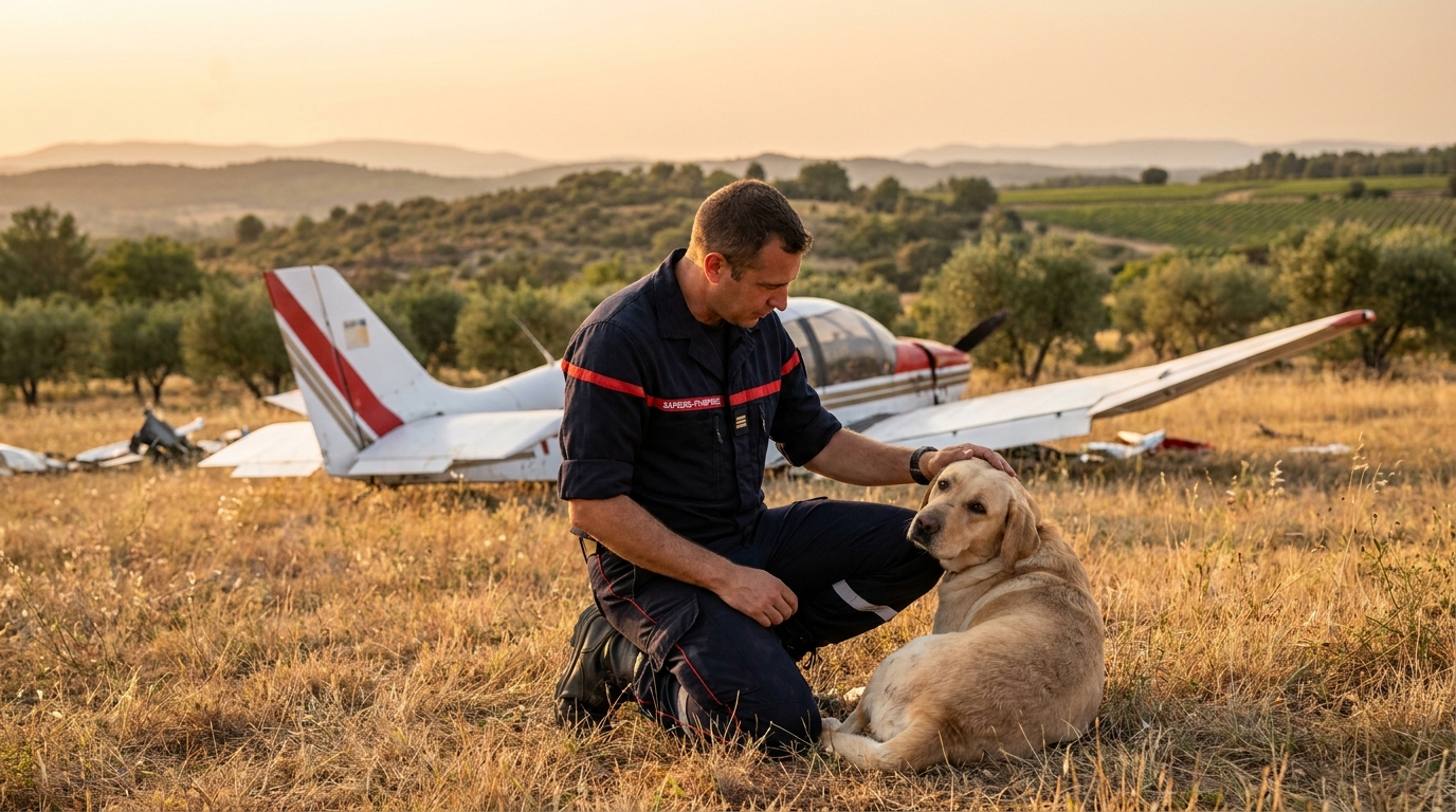 Un sapeur-pompier français en uniforme est agenouillé et rassure un chien près des débris d'un petit avion de tourisme dans un champ.