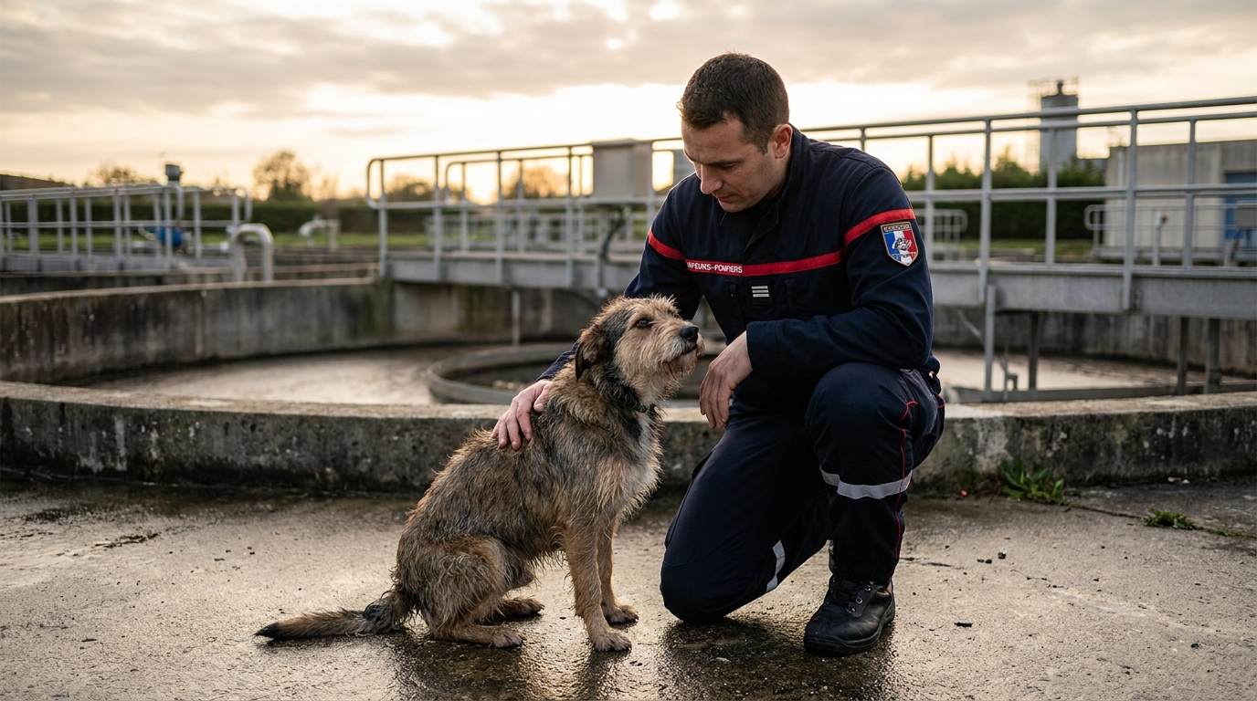 Un pompier français en uniforme sécurise avec douceur un chien effrayé mais sauf, près d'une structure industrielle en arrière-plan.