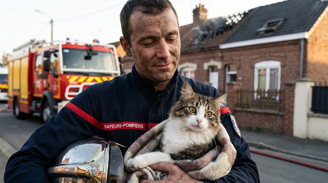Un sapeur-pompier français en uniforme tient délicatement dans ses bras un chat rescapé d'un incendie, avec une maison sinistrée en arrière-plan.