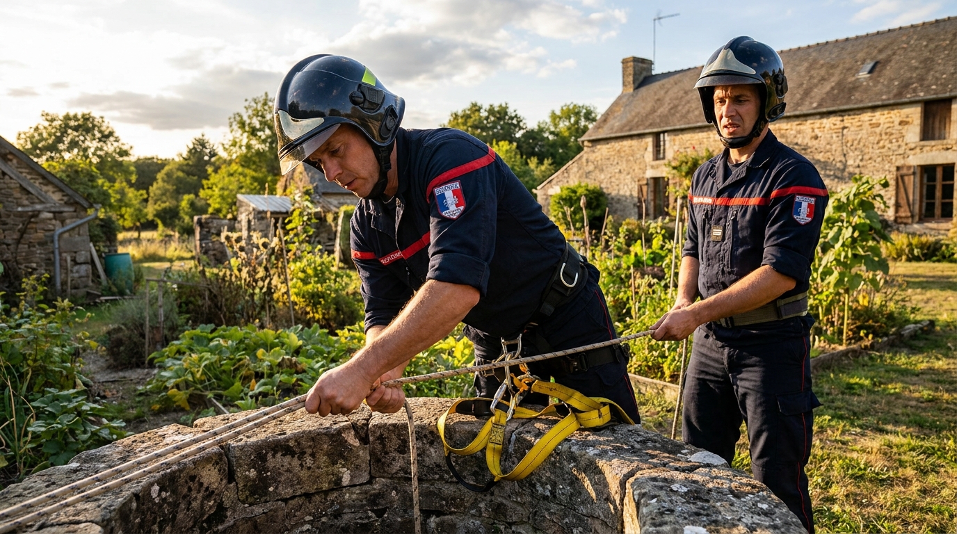 Un pompier français en uniforme descend délicatement un harnais dans un vieux puits en pierre pour secourir un chien pris au piège.