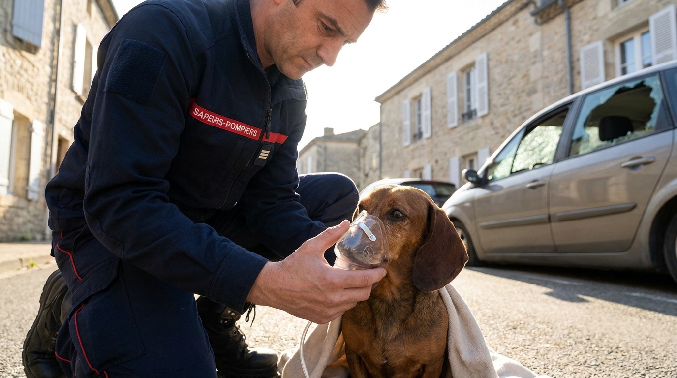 Un sapeur-pompier français agenouillé sur le trottoir donne de l'oxygène à un petit chien de type bichon après l'avoir sauvé d'une voiture en plein soleil.