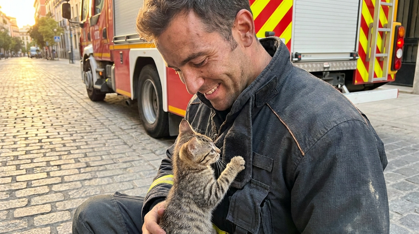 Un pompier madrilène sourit en tenant délicatement un chat tigré qui s'agrippe à son uniforme après un sauvetage.