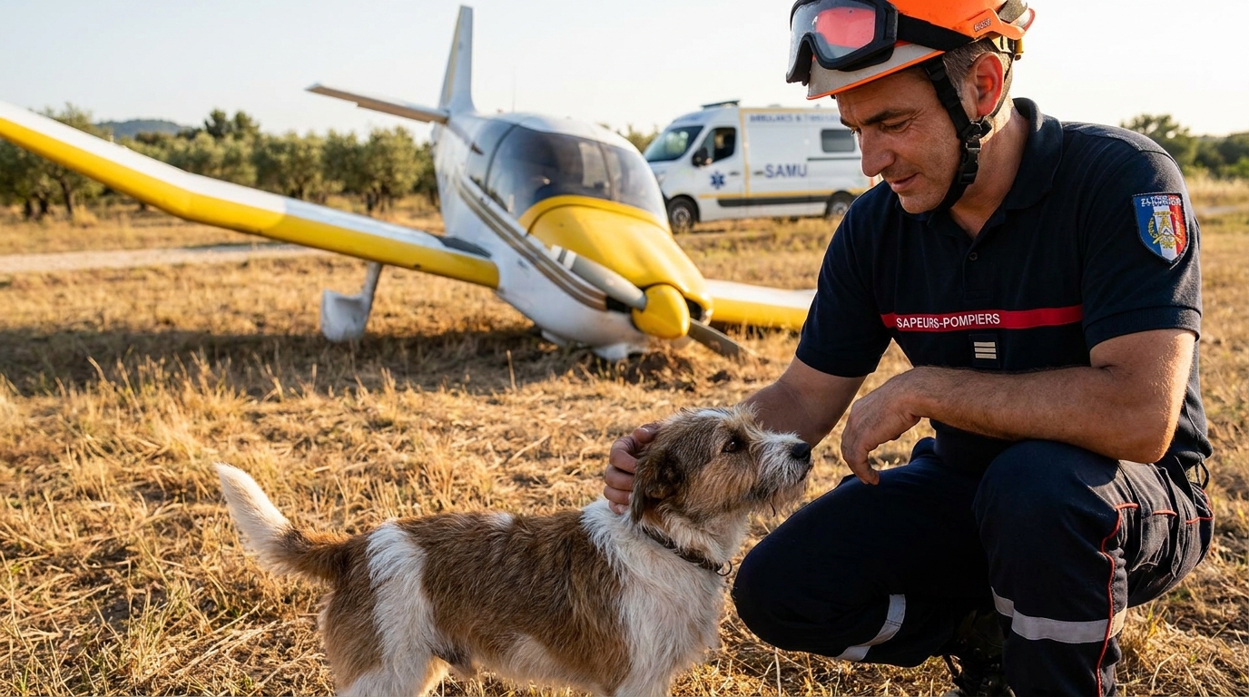 Un pompier français réconforte un petit chien près d'une ambulance, avec un petit aéronef accidenté en arrière-plan dans un champ.