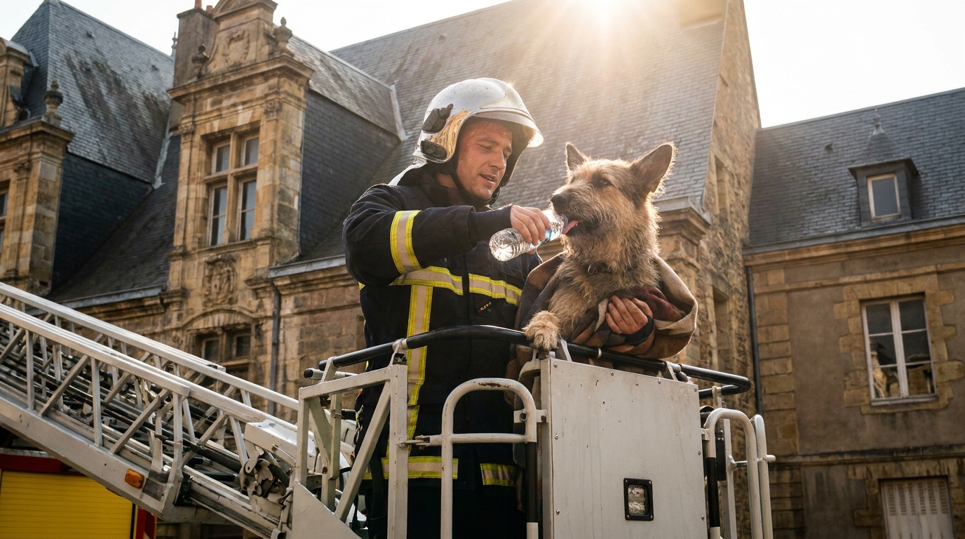 Un pompier français donne de l'eau à un chien sur une grande échelle après l'avoir sauvé d'un appartement surchauffé.