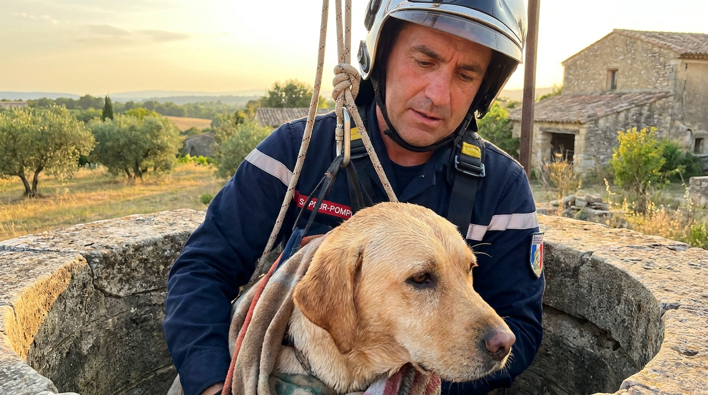 Un pompier français en uniforme remonte un chien sain et sauf d'un puits en pierre, sous le regard soulagé de son propriétaire en arrière-plan.