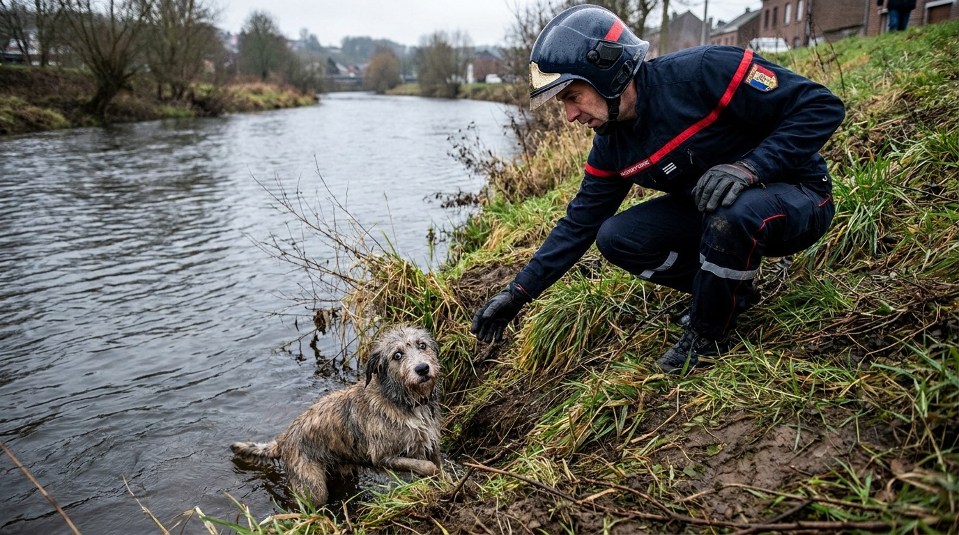 Un pompier en uniforme français sort un chien mouillé de l'eau, le long d'une berge escarpée en Belgique.