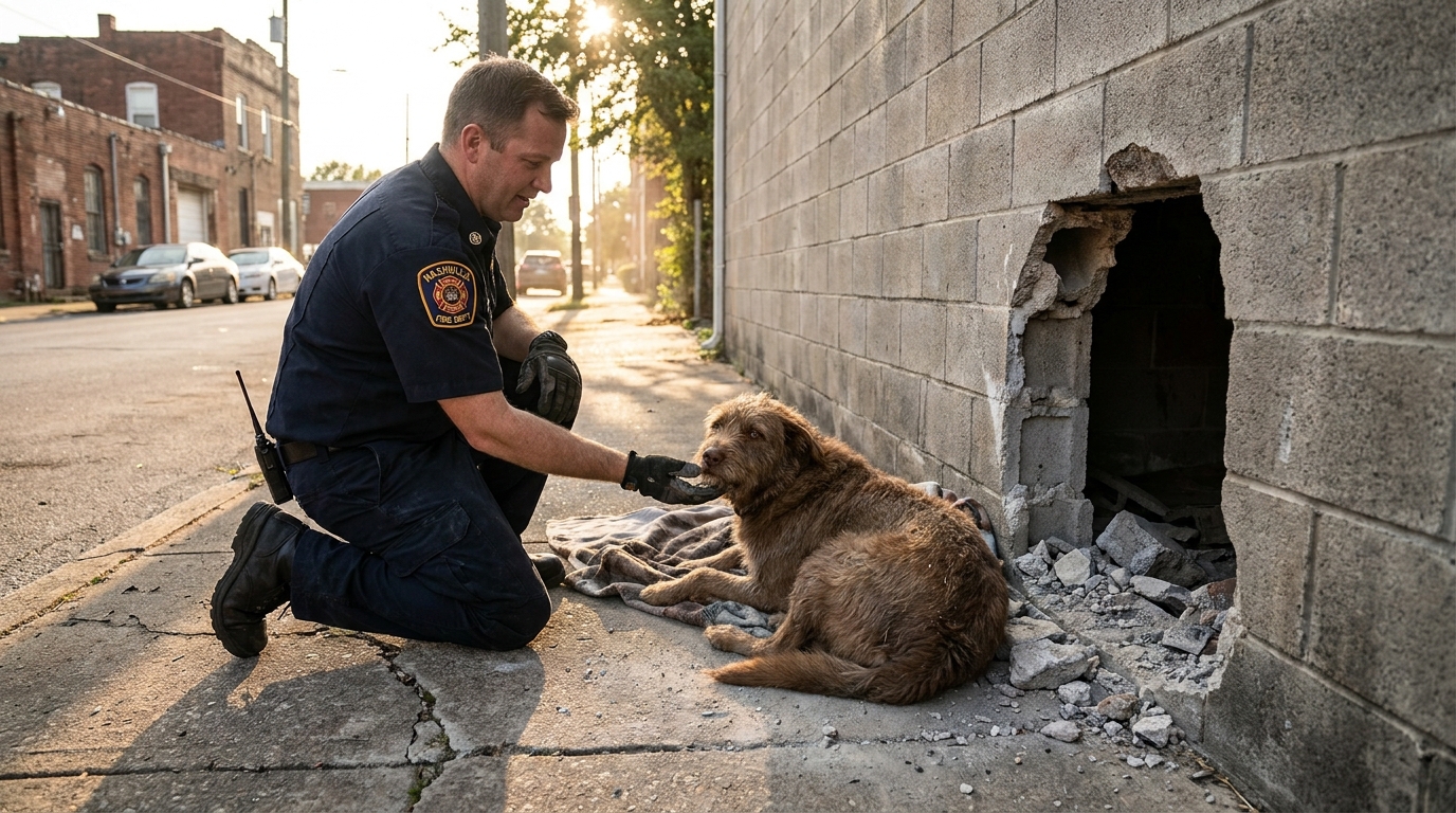 Un pompier américain regarde avec compassion un chien brun qui vient d'être libéré d'un trou dans un mur en parpaings de ciment.