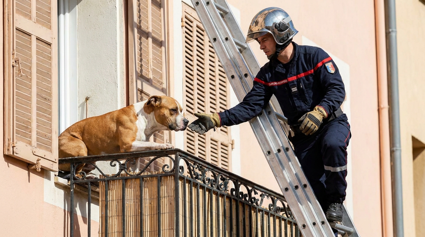 Un sapeur-pompier français sur une grande échelle tend les bras vers un jeune chien de type American Staffordshire Terrier sur un balcon ensoleillé.