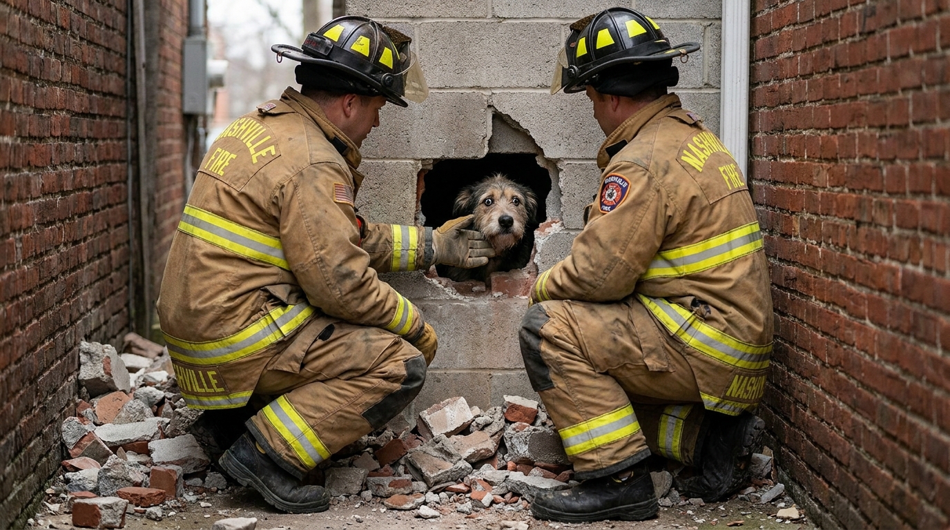 Des pompiers américains en uniforme s'affairent autour d'un trou dans un mur en parpaings pour secourir un chien effrayé.