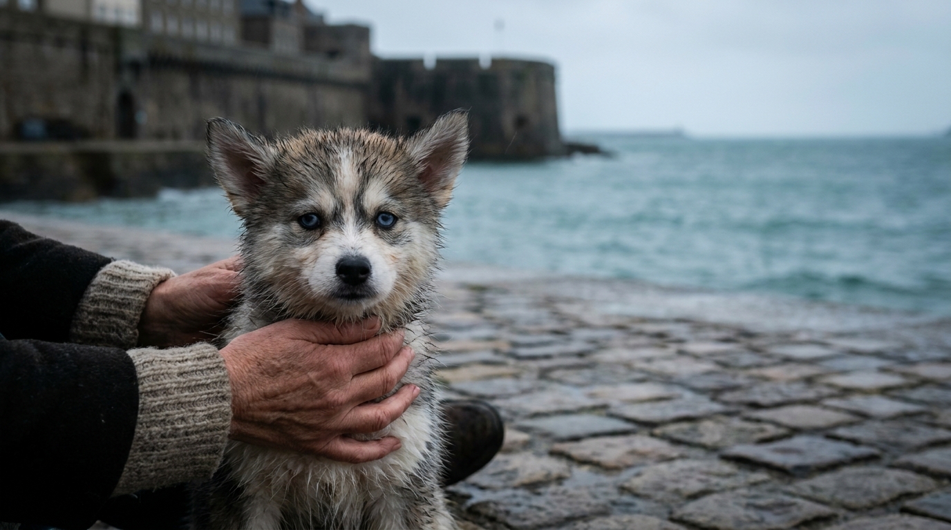 Un petit chien de type Pomsky avec de grands yeux bleus est assis sur un quai, l'air triste, avec le port de Saint-Malo en arrière-plan flouté.