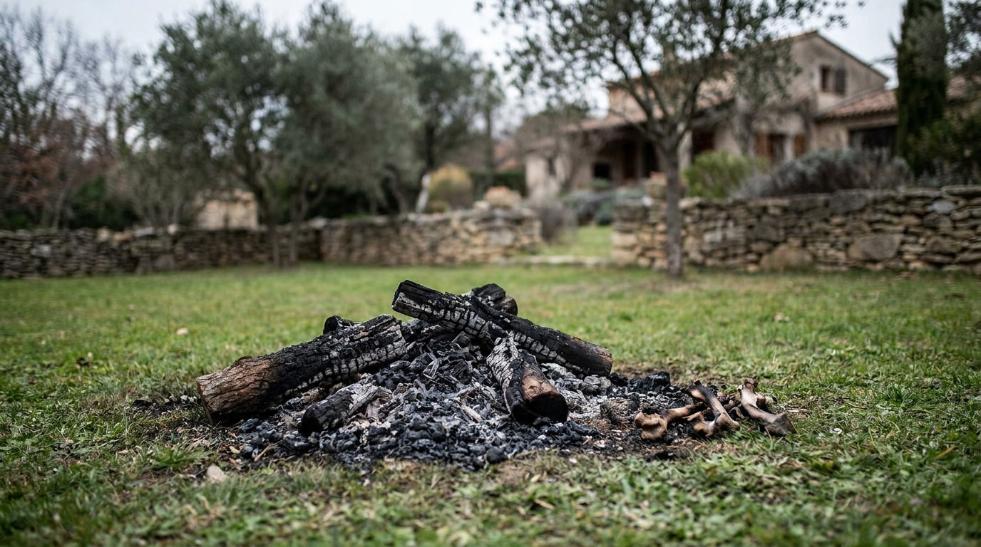 Un tas de cendres froides et de bois calciné au milieu d'une pelouse verte, évoquant une découverte tragique dans un jardin en France.