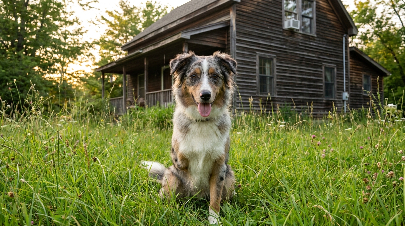 Rosie, une jeune chienne croisée Berger Australien et Border Collie, se repose joyeusement dans l'herbe, malgré sa patte avant amputée.