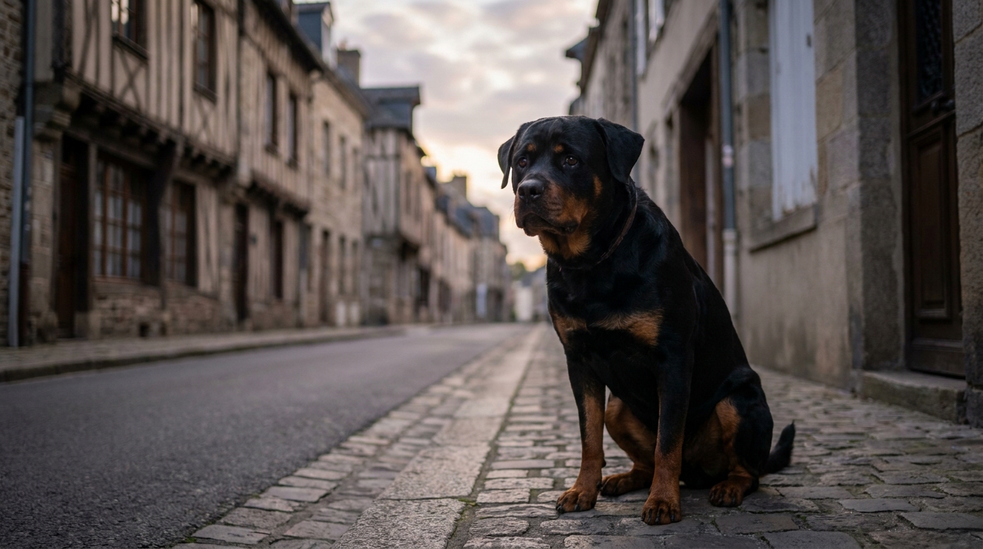 Un chien de race Rottweiler au regard triste, assis sur un trottoir dans une rue pavée typique de la ville de Dinan, en Bretagne.