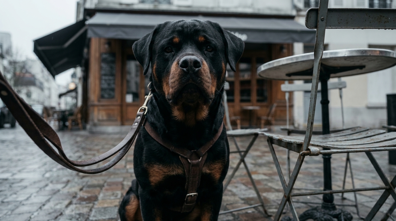 Un chien de race rottweiler, assis sagement en laisse sur la terrasse ensoleillée d'un restaurant en France.