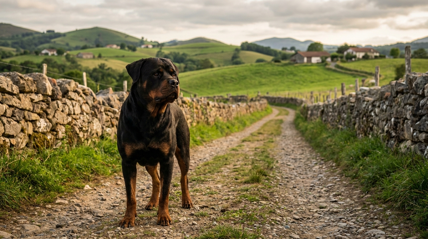 Un rottweiler seul sur un sentier de campagne au Pays basque, illustrant le danger potentiel des chiens non surveillés.