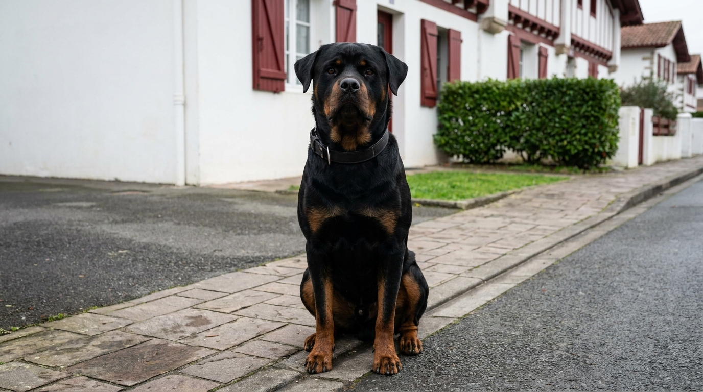 Un rottweiler assis sur un trottoir dans un quartier pavillonnaire, regardant fixement, évoquant une tension latente.