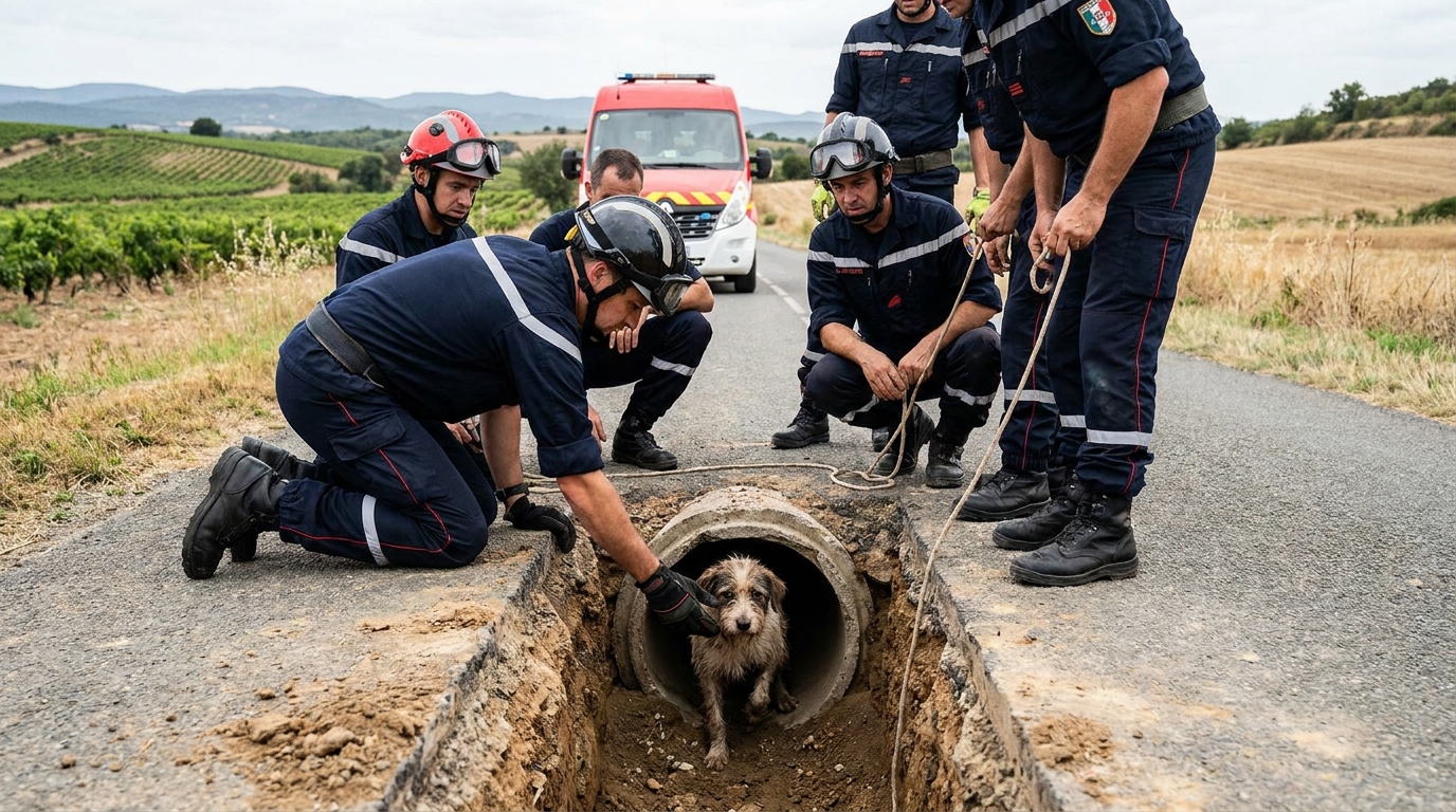 Des sapeurs-pompiers français en intervention pour secourir un chien affaibli coincé dans une buse en béton sous une route de campagne.