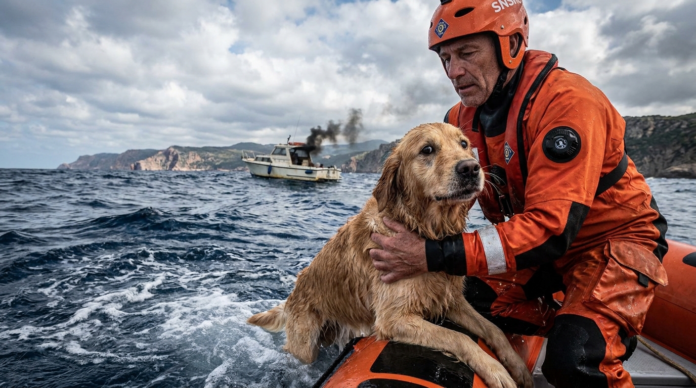 Un chien trempé est secouru par des sauveteurs en mer après l'incendie de son bateau dans le golfe d'Ajaccio.